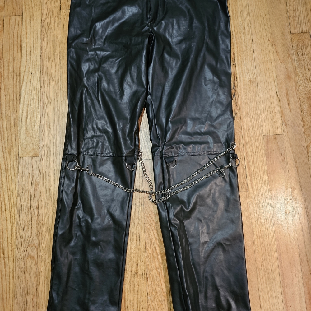 Black Faux Leather Pants with Chain Detail